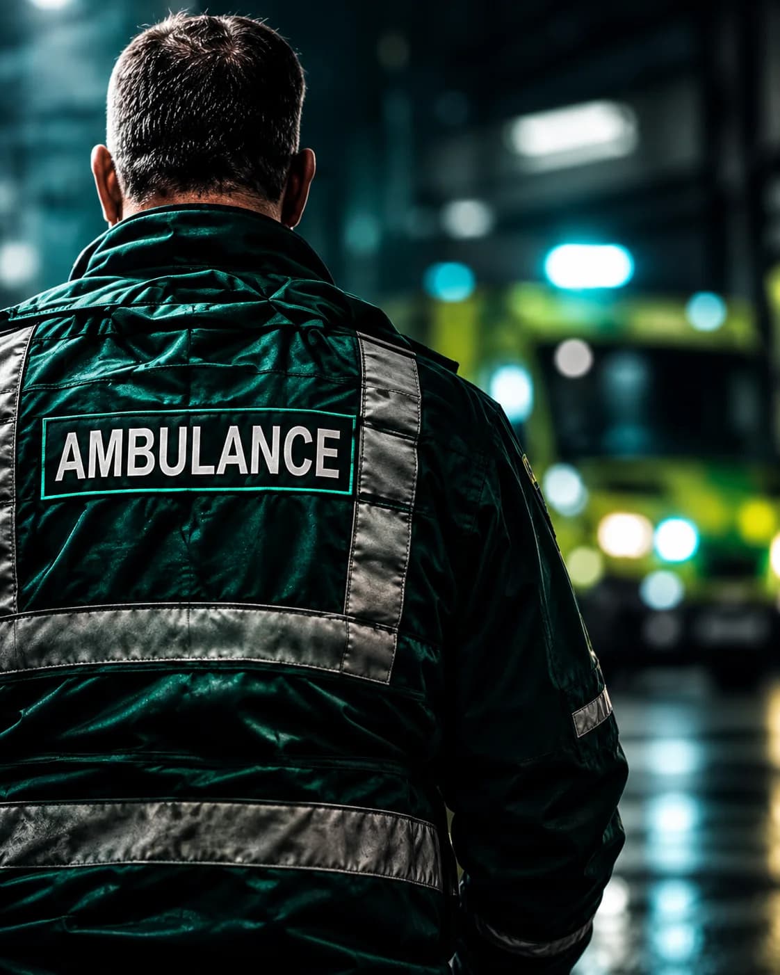 Lee in ambulance uniform, back to camera, at night